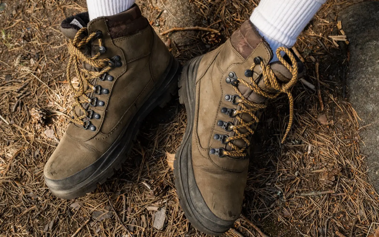 Brown hiking boots and socks rest on a forest trail covered with pine needles.