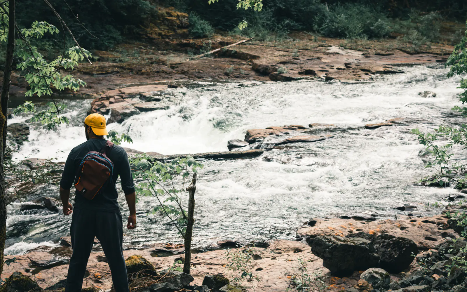 A back-facing hiker pauses beside a fast-flowing forest river to assess the water source.